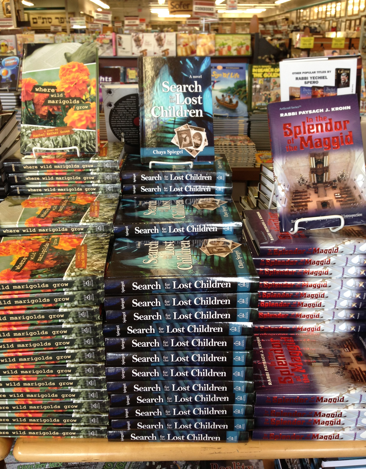 A stack of Chaya Spiegel\'s historical fiction novel, Search for the Lost Children (Jerusalem Publications, 2013), displayed at Eichler\'s.