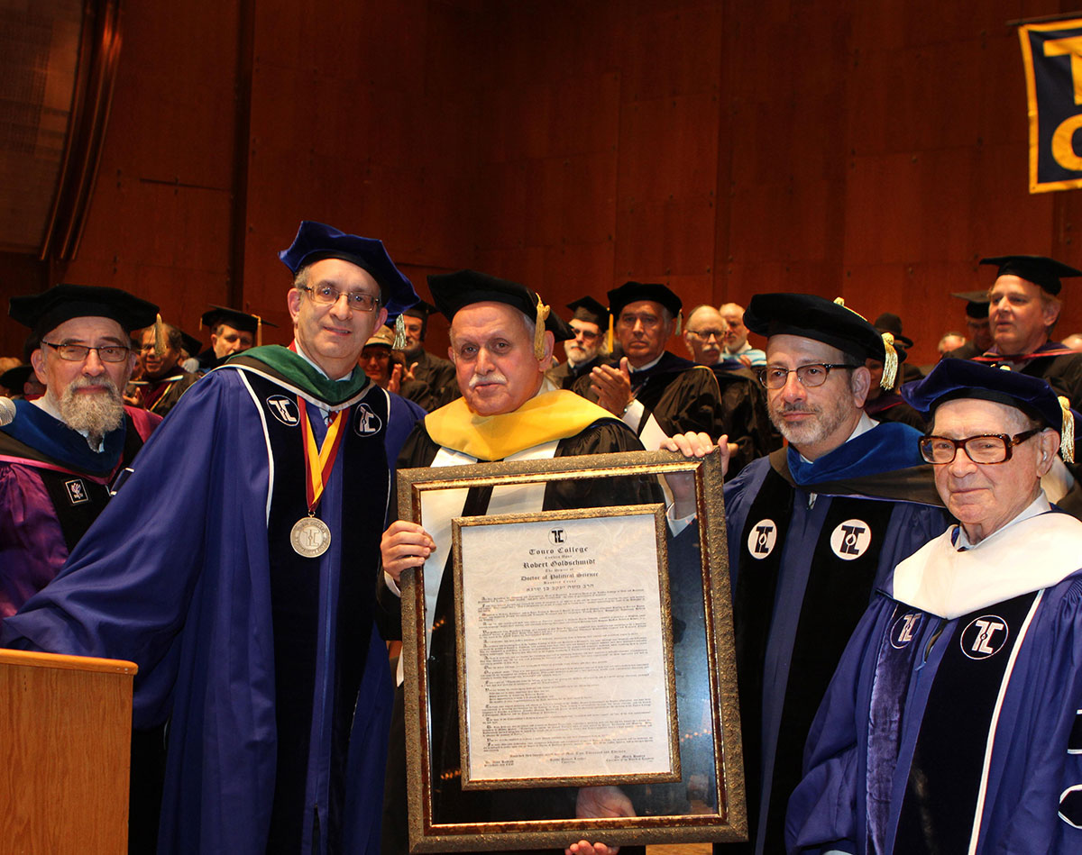 (L-r): Dr. Stanley Boylan, vice president for undergraduate education and dean of faculties; Dr. Alan Kadish, president and CEO; Robert Goldschmidt, dean of the Lander College of Arts and Sciences – Flatbush (LAS) and the vice president for planning and assessment of Touro College; Rabbi Moshe Krupka, executive vice president; and Dr. Mark Hasten, chairman of the board of trustees.