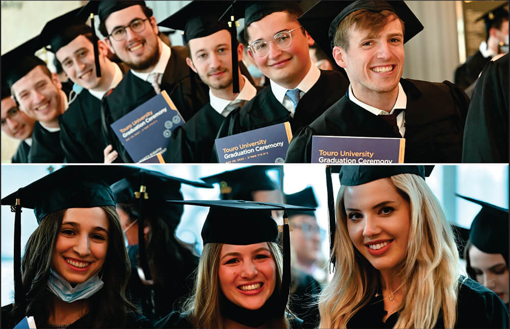 Smiling group of male graduating students wearing caps and gowns holding graduation programs and smiling group of female graduating students wearing caps and gowns
