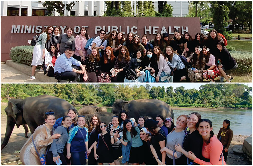 Group of girls in Thailand. Top - posing in front of the Ministry of Public Health; bottom - posing in the elephant reserve with a lake, trees and four elephants in the background