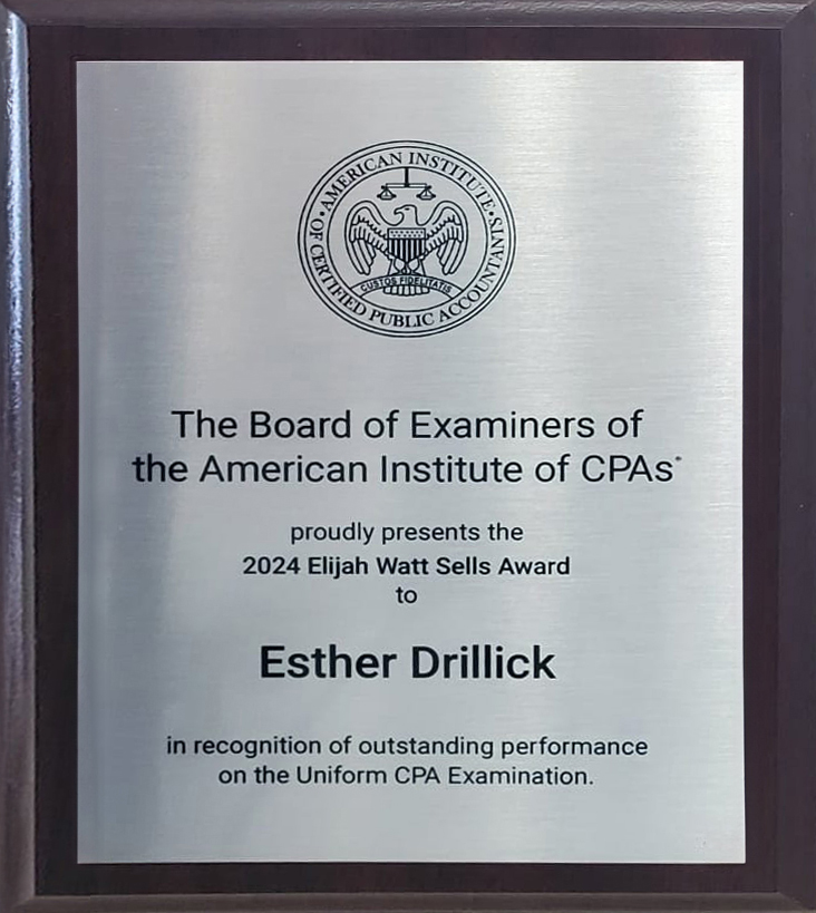 Esther Drillick's plaque for winning the prestigious Elijah Watt Sells Award for her CPA exam score.